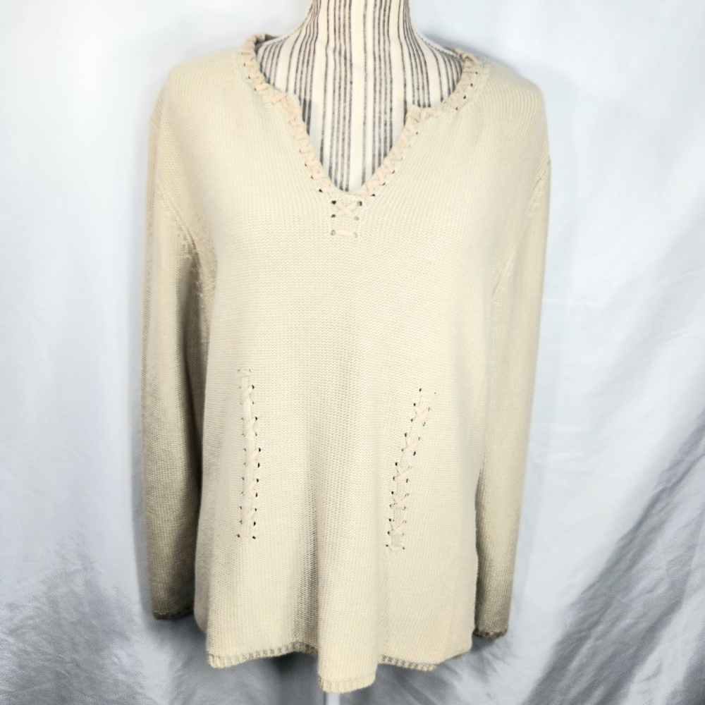 Hearts of Palm Tan/Beige V neck BOHO Criss Cross Accents Sweater Size XLarge